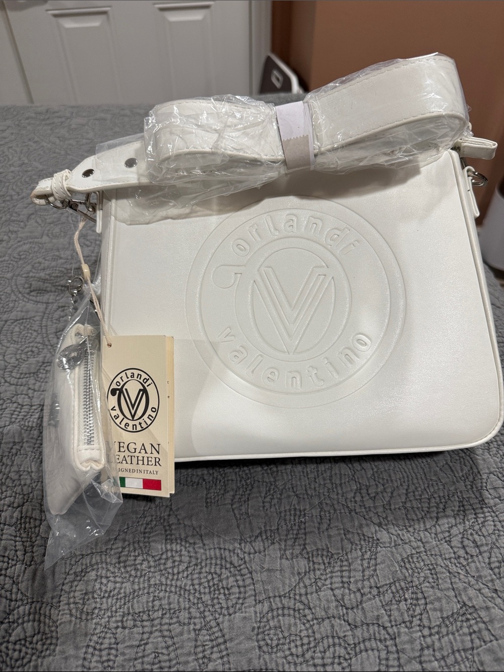 NWT Valentino Orlandi White Vegan Leather Crossbody Bag with Embossed Logo